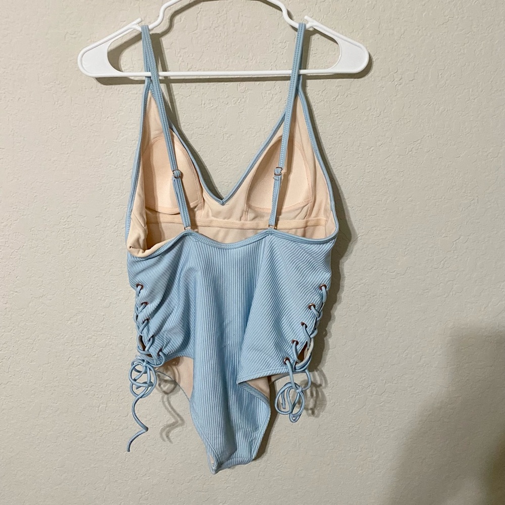 Light Blue V Neck Cutout One Piece